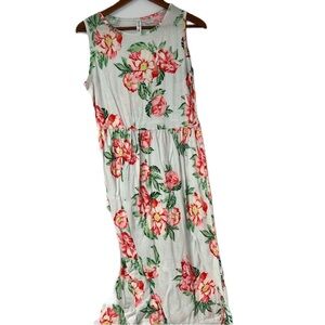 Tickled teal white cotton summer floral dress size medium long